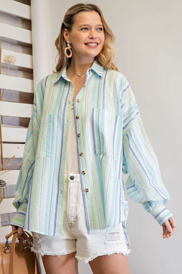 Easel Irregular Striped Button Down Shirt in Aqua Blue Shirts & Tops Easel   