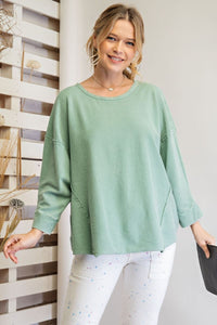 Easel Mineral Washed Top with 3/4 Length Sleeves in Sage Green Shirts & Tops Easel   