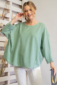 Easel Mineral Washed Top with 3/4 Length Sleeves in Sage Green Shirts & Tops Easel   