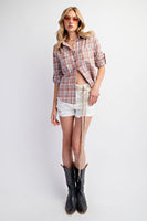Easel Plaid Button Down Top in Coral Grey Shirts & Tops Easel   