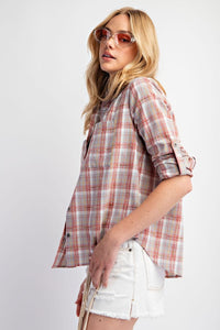 Easel Plaid Button Down Top in Coral Grey Shirts & Tops Easel   