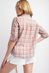 Easel Plaid Button Down Top in Coral Grey Shirts & Tops Easel   