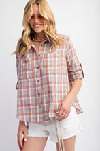 Load image into Gallery viewer, Easel Plaid Button Down Top in Coral Grey Shirts &amp; Tops Easel   
