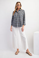 Easel Plaid Button Down Top in Denim Shirts & Tops Easel   