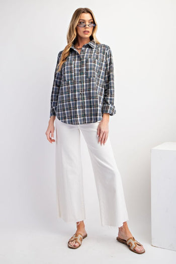 Easel Plaid Button Down Top in Denim Shirts & Tops Easel   