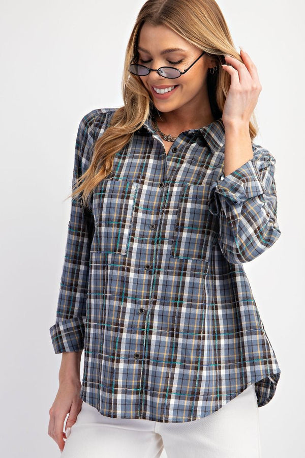 Easel Plaid Button Down Top in Denim Shirts & Tops Easel   