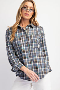 Easel Plaid Button Down Top in Denim Shirts & Tops Easel   