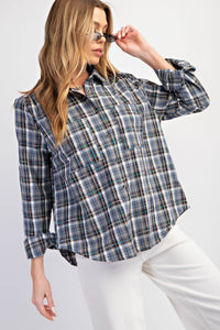 Easel Plaid Button Down Top in Denim Shirts & Tops Easel   