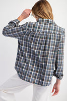 Easel Plaid Button Down Top in Denim Shirts & Tops Easel   