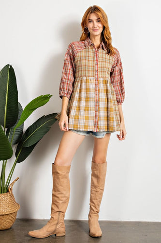 Easel Mixed Plaid Print Tunic Top in Sage Mustard Shirts & Tops Easel   