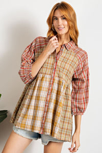 Easel Mixed Plaid Print Tunic Top in Sage Mustard Shirts & Tops Easel   