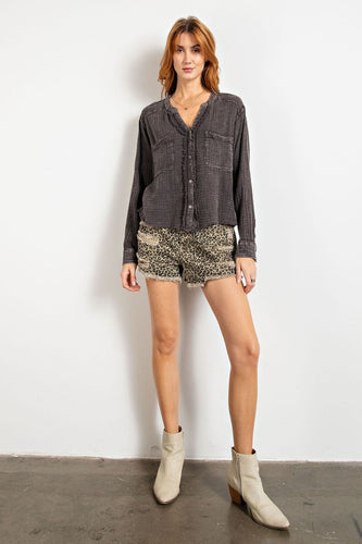 Easel Cotton Gauze Button Down Cropped Top in Ash Shirts & Tops Easel   