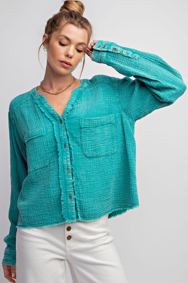 Easel Cotton Gauze Button Down Cropped Top in Atlantis Green - Shorter style length!  See measurements Shirts & Tops Easel   