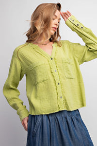 Easel Cotton Gauze Button Down Cropped Top in Lime - Shorter style length!  See measurements Shirts & Tops Easel   