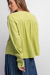 Easel Cotton Gauze Button Down Cropped Top in Lime - Shorter style length!  See measurements Shirts & Tops Easel   