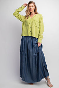 Easel Cotton Gauze Button Down Cropped Top in Lime - Shorter style length!  See measurements Shirts & Tops Easel   