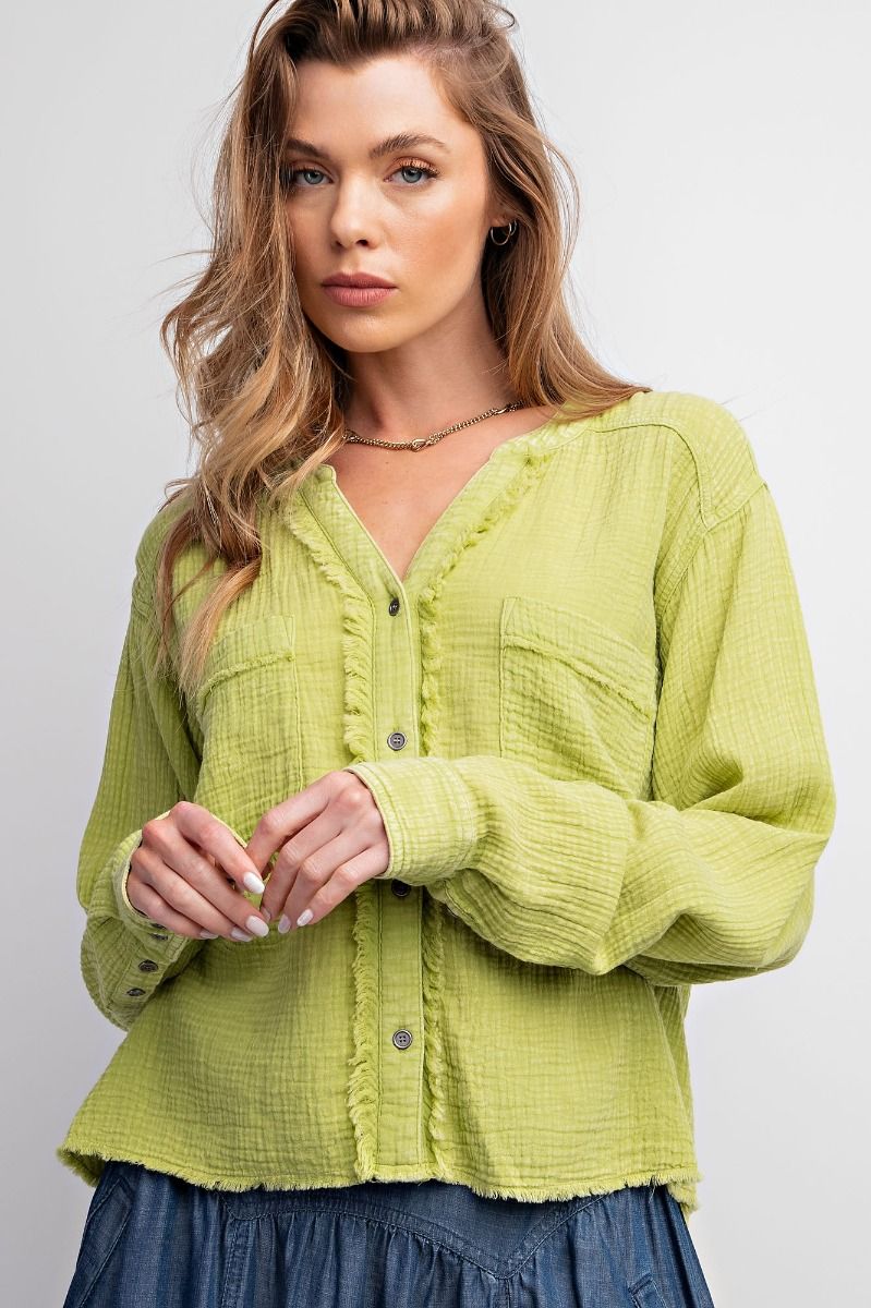 Easel Cotton Gauze Button Down Cropped Top in Lime - Shorter style length!  See measurements Shirts & Tops Easel   