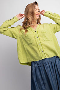 Easel Cotton Gauze Button Down Cropped Top in Lime - Shorter style length!  See measurements Shirts & Tops Easel   