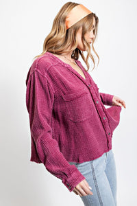 Easel Cotton Gauze Button Down Cropped Top in Magenta - Shorter style length!  See measurements Shirts & Tops Easel   