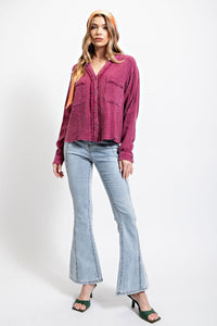 Easel Cotton Gauze Button Down Cropped Top in Magenta - Shorter style length!  See measurements Shirts & Tops Easel   