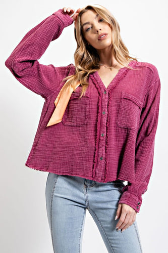 Easel Cotton Gauze Button Down Cropped Top in Magenta Shirts & Tops Easel   