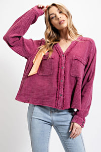 Easel Cotton Gauze Button Down Cropped Top in Magenta - Shorter style length!  See measurements Shirts & Tops Easel   