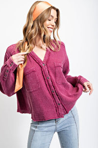 Easel Cotton Gauze Button Down Cropped Top in Magenta - Shorter style length!  See measurements Shirts & Tops Easel   