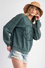 Load image into Gallery viewer, Easel Peace Sign Washed Terry Knit Pullover in Pine Green
