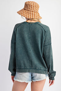 Easel Peace Sign Washed Terry Knit Pullover in Pine Green