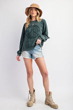 Load image into Gallery viewer, Easel Peace Sign Washed Terry Knit Pullover in Pine Green
