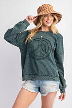 Load image into Gallery viewer, Easel Peace Sign Washed Terry Knit Pullover in Pine Green
