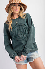 Load image into Gallery viewer, Easel Peace Sign Washed Terry Knit Pullover in Pine Green
