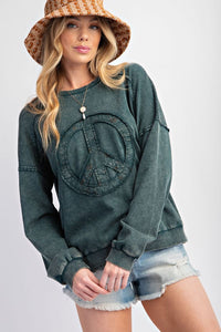 Easel Peace Sign Washed Terry Knit Pullover in Pine Green