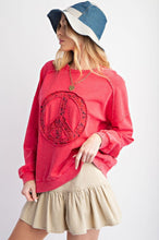 Load image into Gallery viewer, Easel Peace Sign Washed Terry Knit Pullover in Strawberry
