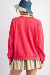 Easel Peace Sign Washed Terry Knit Pullover in Strawberry