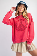 Load image into Gallery viewer, Easel Peace Sign Washed Terry Knit Pullover in Strawberry
