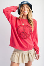 Load image into Gallery viewer, Easel Peace Sign Washed Terry Knit Pullover in Strawberry
