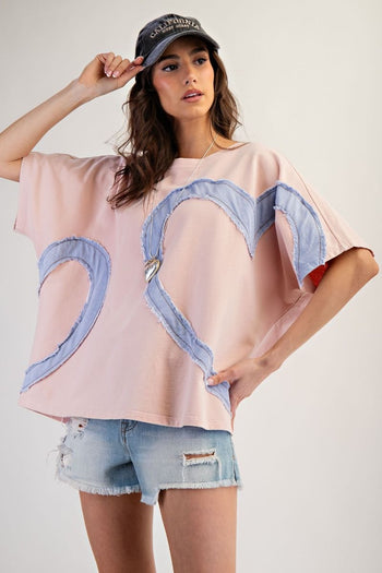 Easel OVERSIZED Knit Top with Denim Heart Patches in Dusty Rose