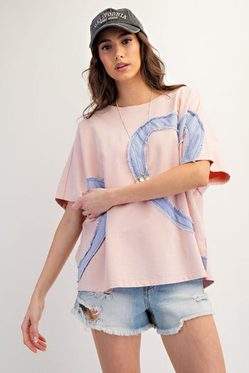 Easel OVERSIZED Knit Top with Denim Heart Patches in Dusty Rose