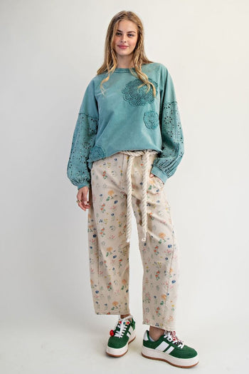 Easel Mineral Washed Top with Crochet Doily and Eyelet Lace Sleeves in Faded Teal