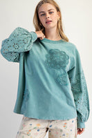 Easel Mineral Washed Top with Crochet Doily and Eyelet Lace Sleeves in Faded Teal