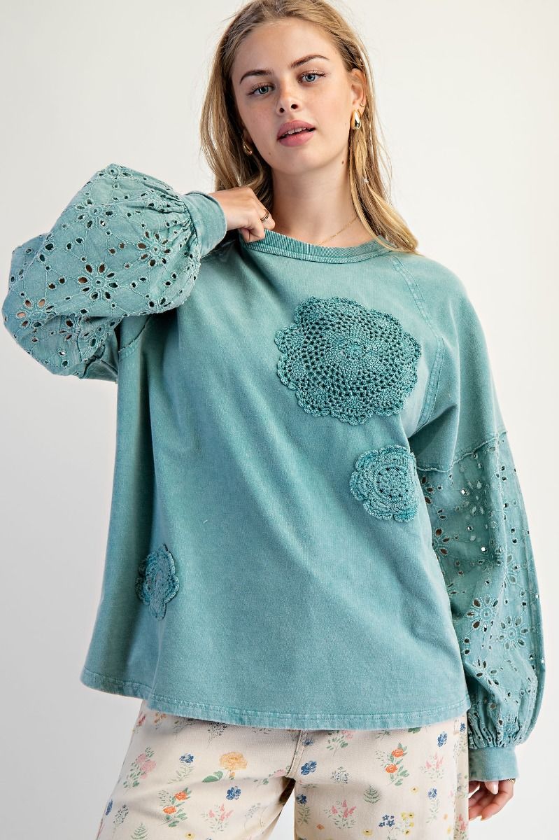 Easel Mineral Washed Top with Crochet Doily and Eyelet Lace Sleeves in Faded Teal
