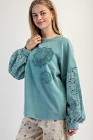 Easel Mineral Washed Top with Crochet Doily and Eyelet Lace Sleeves in Faded Teal