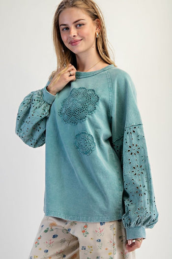 Easel Mineral Washed Top with Crochet Doily and Eyelet Lace Sleeves in Faded Teal