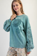 Load image into Gallery viewer, Easel Mineral Washed Top with Crochet Doily and Eyelet Lace Sleeves in Faded Teal
