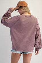Load image into Gallery viewer, Easel Mineral Washed Top with Crochet Doily and Eyelet Lace Sleeves in Red Bean
