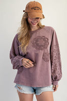 Easel Mineral Washed Top with Crochet Doily and Eyelet Lace Sleeves in Red Bean