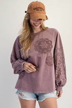 Load image into Gallery viewer, Easel Mineral Washed Top with Crochet Doily and Eyelet Lace Sleeves in Red Bean

