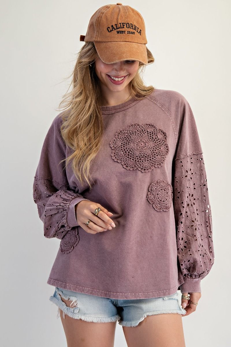 Easel Mineral Washed Top with Crochet Doily and Eyelet Lace Sleeves in Red Bean