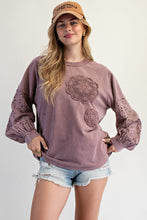 Load image into Gallery viewer, Easel Mineral Washed Top with Crochet Doily and Eyelet Lace Sleeves in Red Bean
